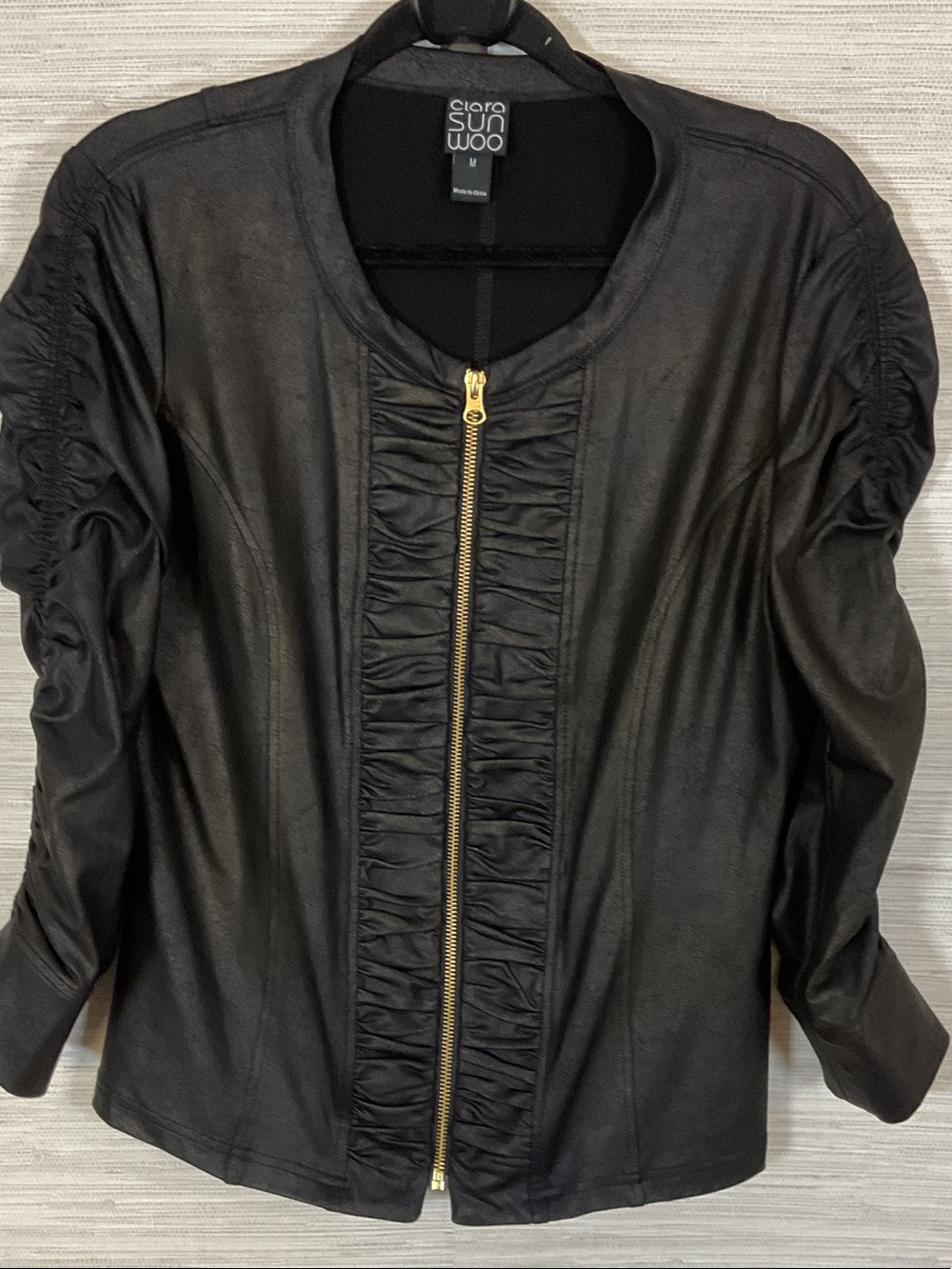 Clara Sun Woo Liquid Leather Black Ruched Front Zip Jacket Medium